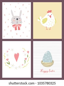 Set of Easter cards with cartoon bunny, chicken, painted egg in the nest and flowers. Vector templates suitable for greeting cards, posters, holiday invitations.