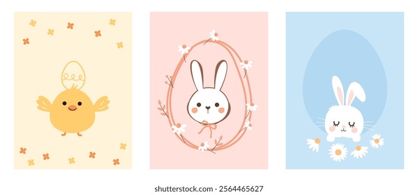 Set of Easter cards with chick, bunny rabbit and daisy flower on yellow, pink and blue backgrounds vector.