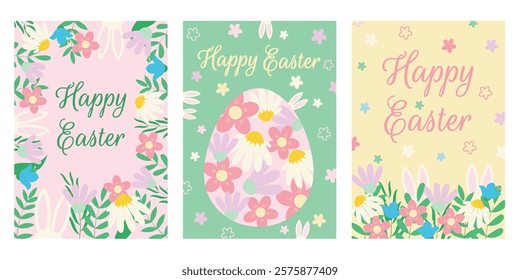 Set of Easter cards. Color vector illustration with Easter eggs, flowers, Easter bunny ears.