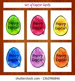 Set of Easter cards with colorful eggs on wooden background. Imitation of watercolor. Template for greeting Easter cards.