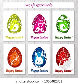 Set of Easter cards with colorful eggs in paper cutting style on gray background. Imitation paper art style. Template for greeting Easter cards.