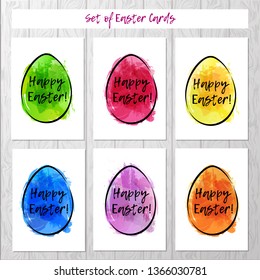 Set of Easter cards with colorful eggs on gray background. Imitation of watercolor. Template for greeting Easter cards.