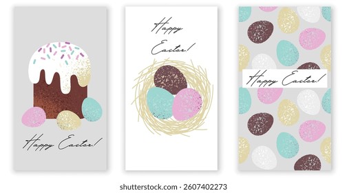 set of Easter cards with colorful eggs, a cake and a nest. Happy Easter inscription on a vertical traditional postcard. stock vector illustration. EPS 10.