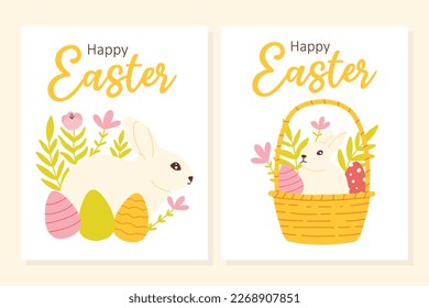 Set of Easter cards with cute Easter bunnies. Vector illustration. Flat hand drawn style. Collection of postcards for Easter.
