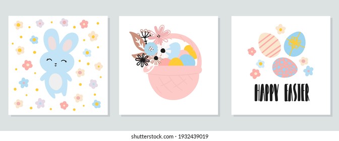 A set of Easter cards. Cute bunny with flowers, egg basket, eggs with happy Easter inscription