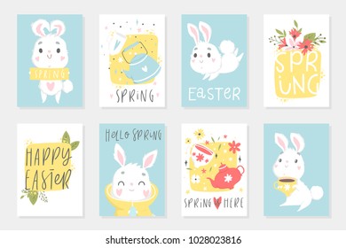 Set of Easter cards with cute cartoon characters and type design . Easter greetings with bunny, cups, eggs and flowers. Vector illustration.