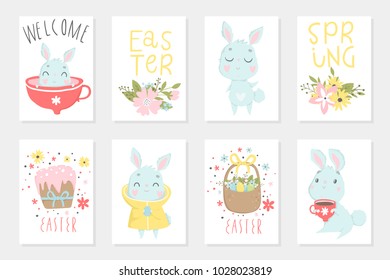 Set of Easter cards with cute cartoon characters and type design . Easter greetings with bunny, cups, eggs and flowers. Vector illustration.