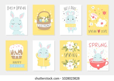 Set of Easter cards with cute cartoon characters and type design . Easter greetings with bunny, cups, eggs and flowers. Vector illustration.