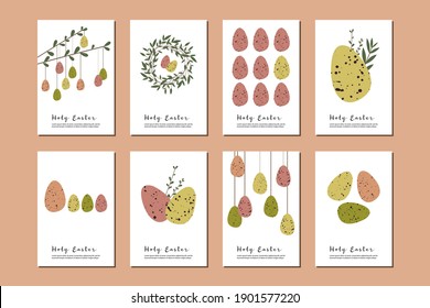 Set of Easter cards. Cute easter egg, nest, branch and leaves. Eco decoration. Vector flat cartoon illustration. Perfect for poster, print, card, invitation, greeting, tag