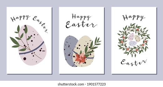 Set of Easter cards. Cute easter egg, nest, branch and leaves. Eco decoration. Vector flat cartoon illustration. Perfect for poster, print, card, invitation, greeting, tag