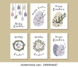 Set of Easter cards. Cute easter egg, nest, branch and leaves. Eco decoration. Vector flat cartoon illustration. Perfect for poster, print, card, invitation, greeting, tag