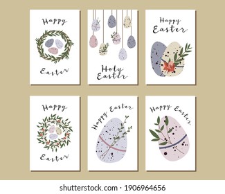 Set of Easter cards. Cute easter egg, nest, branch and leaves. Eco decoration. Vector flat cartoon illustration. Perfect for poster, print, card, invitation, greeting, tag