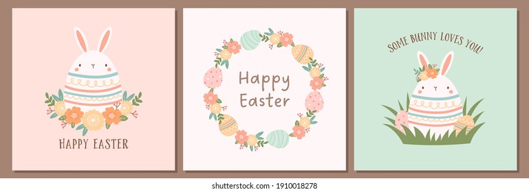 Set of Easter cards with cute egg shaped bunny, Easter eggs, and flowers. Easter backgrounds in pastel colors.