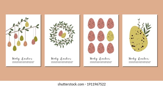 Set of Easter cards. Cute easter egg, nest, branch and leaves. Eco decoration. Vector flat cartoon illustration. Perfect for poster, print, card, invitation, greeting, tag