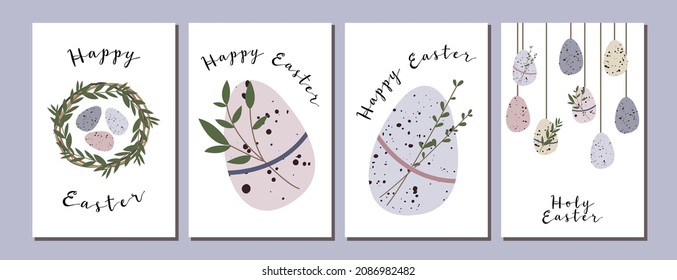 Set of Easter cards. Cute easter egg, nest, branch and leaves. Eco decoration. Vector flat cartoon illustration. Perfect for poster, print, card, invitation, greeting, tag