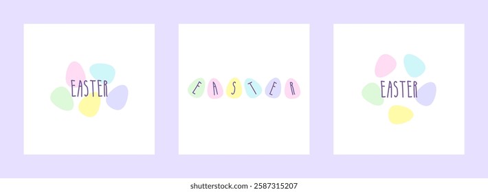 Set of Easter cards. Cute easter eggs and greeting text. Simple Holiday decoration. Trendy design with typography, painted eggs in pastel colors. Perfect for poster, print, card, invitation, wallpaper