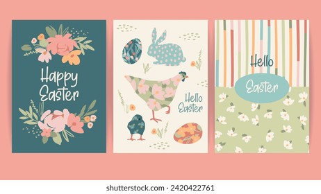 Set of Easter cards. Cute hand drawn illustrations. Vector design templates in vintage pastel colors.