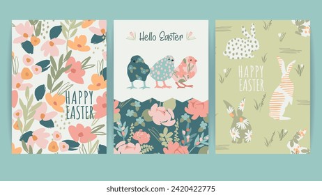 Set of Easter cards. Cute hand drawn illustrations. Vector design templates in vintage pastel colors.