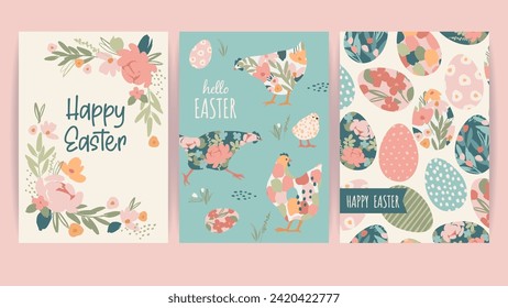 Set of Easter cards. Cute hand drawn illustrations. Vector design templates in vintage pastel colors.