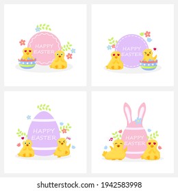 Set of easter cards with cute little chickens and flowers.