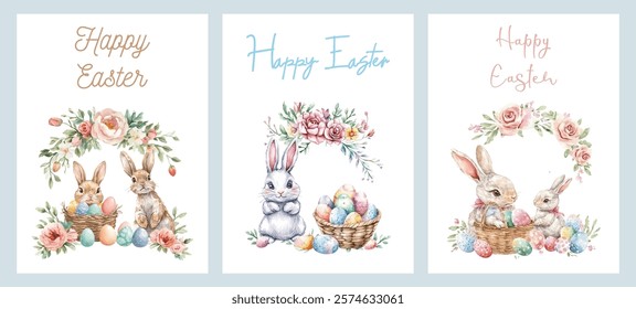 Set of Easter cards with cute rabbits in watercolor style. Cute fluffy rabbits with flowers and baskets with Easter eggs. Easter concept and symbols. Vector illustration.