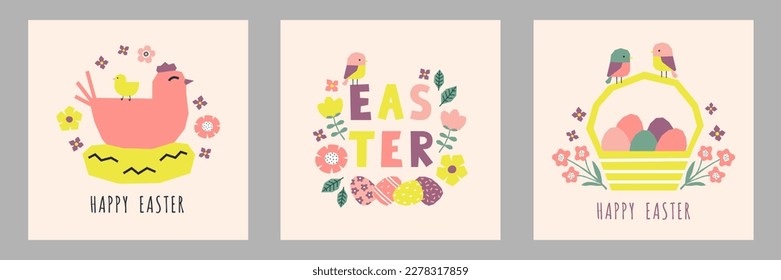 Set of Easter cards cutout colorful elements. Chicken, hen, birds, flowers and leaves. Vector illustration