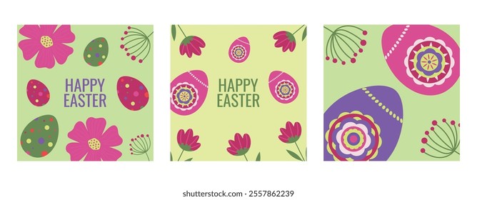 Set of Easter cards with a set of eggs and flowers. Bright illustrations in a modern style. Vector square cards, posters, banners, advertising.