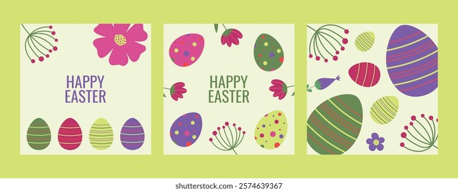 Set of Easter cards with a set of eggs and flowers. Minimalistic bright illustrations in a modern style. Vector square cards, posters, banners, advertising.	