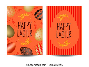 Juego de tarjetas de Pascua con huevos de oro sobre fondo rojo. Dibujo vectorial para postales, banderas, etiquetas, saludos