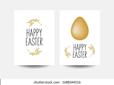 Un juego de tarjetas de Pascua con huevos de oro sobre fondo blanco en un diseño minimalista. Dibujo vectorial para postales, banderas, etiquetas, saludos