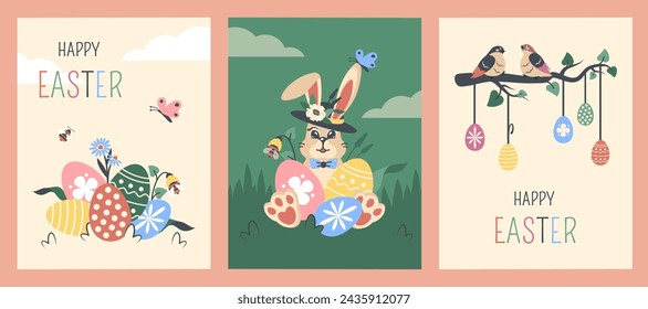 Set of Easter cards. Greeting background with traditional festive elements. Easter bunny in hat. Spring birds sit on branch decorated with Easter eggs. Color text. Vector hand drawn illustration