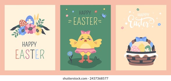 Set of Easter cards. Greeting posters with decorated eggs in basket, cute chick, Easter wreath. Funny chicken with wishes. Spring holiday, flowers. Clipart. Vector cartoon flat illustration