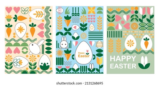 A set of Easter cards. Happy Easter. Rabbits, eggs, flowers. Modern geometric abstract style. Perfect for a poster, cover or postcard.