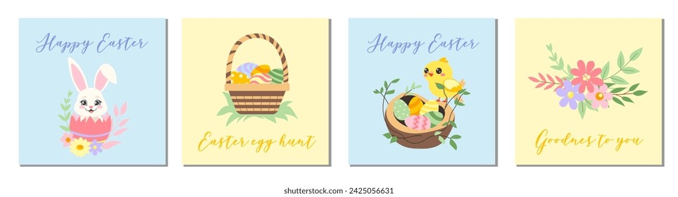 Set of Easter cards. Minimalism style. Happy Easter with bunny, chicken, eggs, flowers, nest. Easter egg hunt. Goodness to you. Vector illustration for postcard, posters.