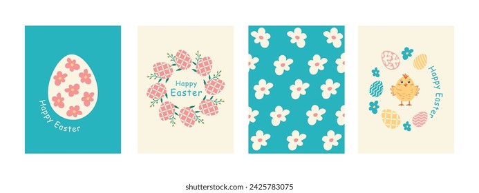 Set of Easter cards on a blue and beige background. Easter eggs, Easter wreath and Happy Easter inscription. Vector illustration eps 10. Suitable for cards, invitations, banners, posters.