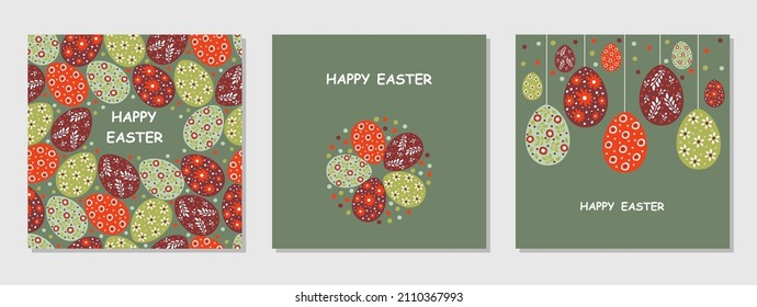 Set of Easter cards with painted eggs. Multicolored eggs on a gray-green background. Cute greeting cards for Easter. Flat design. Vector illustration.