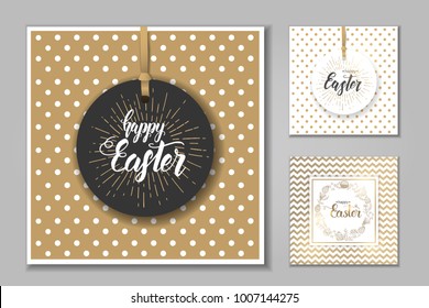 Set of Easter cards with paschal hand drawn symbols, hand made trendy lettering "Happy Easter" on golden and white pattern. Banner, flyer, brochure. Background for holidays, postcards, website.