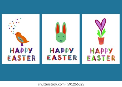 a set of easter cards with phrase Happy Easter; a vector collection in hand drawn, simple, cartoon style with hand written patterned lettering