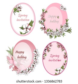 Set of easter cards with pink and white flowers. Easter egg.