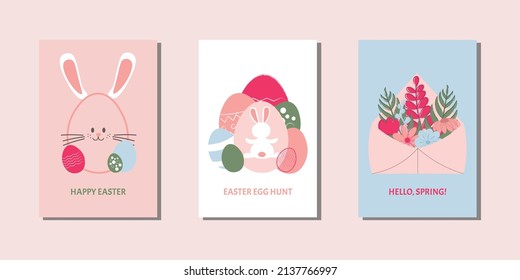 Set of easter cards in pink,green and blue with bunny,flowers and eggs. Greeting spring.Egg hunt.