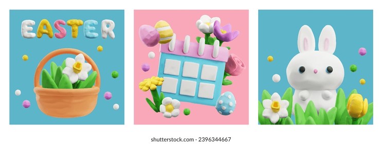 Set von Osterkarten mit plastikgeformten 3D-Elementen. Ferien-Designs mit Blumenkorb, Kalender, Hasen, Blumen und Eier aus Modellierton. Vektorgrafik-Rendering.