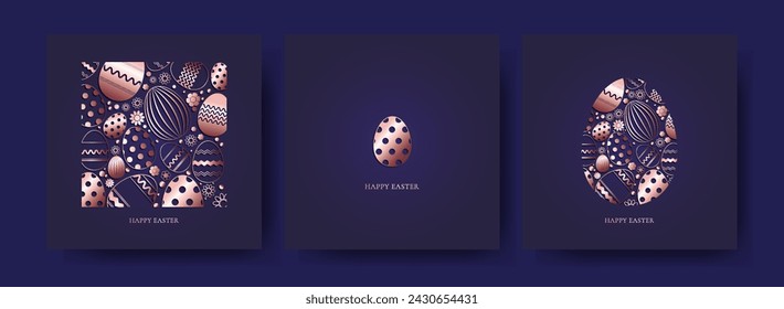 Set of Easter cards. Premium design.  Eggs in rose gold color on a dark blue background. Vector illustration