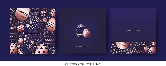 Set of Easter cards. Premium design. Eggs in rose gold color on a dark blue background. Vector illustration