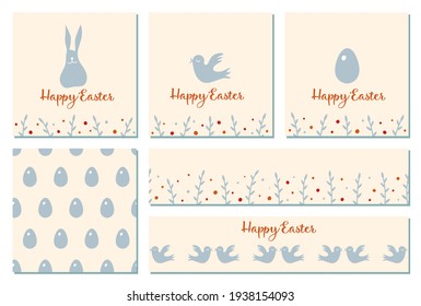 Set of Easter cards and seamless patterns. Silhouette. Bunny, bird, egg, pussy-willow.