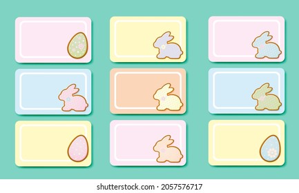 A set of Easter cards or stickers with rabbits and eggs in delicate colors.