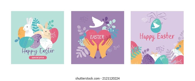 Set of Easter cards template in pastel colors. Collection of posters for traditional spring holiday with eggs, floral elements, flowers, wreath, a heart, bird, hare. Cute cartoon vector illustration
