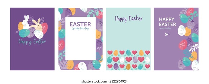 Plantilla de juego de tarjetas de Pascua en colores pastel. Colección de afiches para una tradicional fiesta primaveral con huevos, elementos florales, flores, coronas, corazón, pájaro. Ilustración vectorial de dibujos animados
