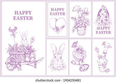 Set of Easter cards with traditional holiday attributes and wishes. Vector hand-drawn illustration.