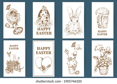 Set of Easter cards with traditional holiday attributes and wishes. Vector hand-drawn illustration.
