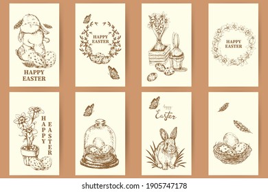 Set of Easter cards with traditional holiday attributes and wishes. Vector hand-drawn illustration.
